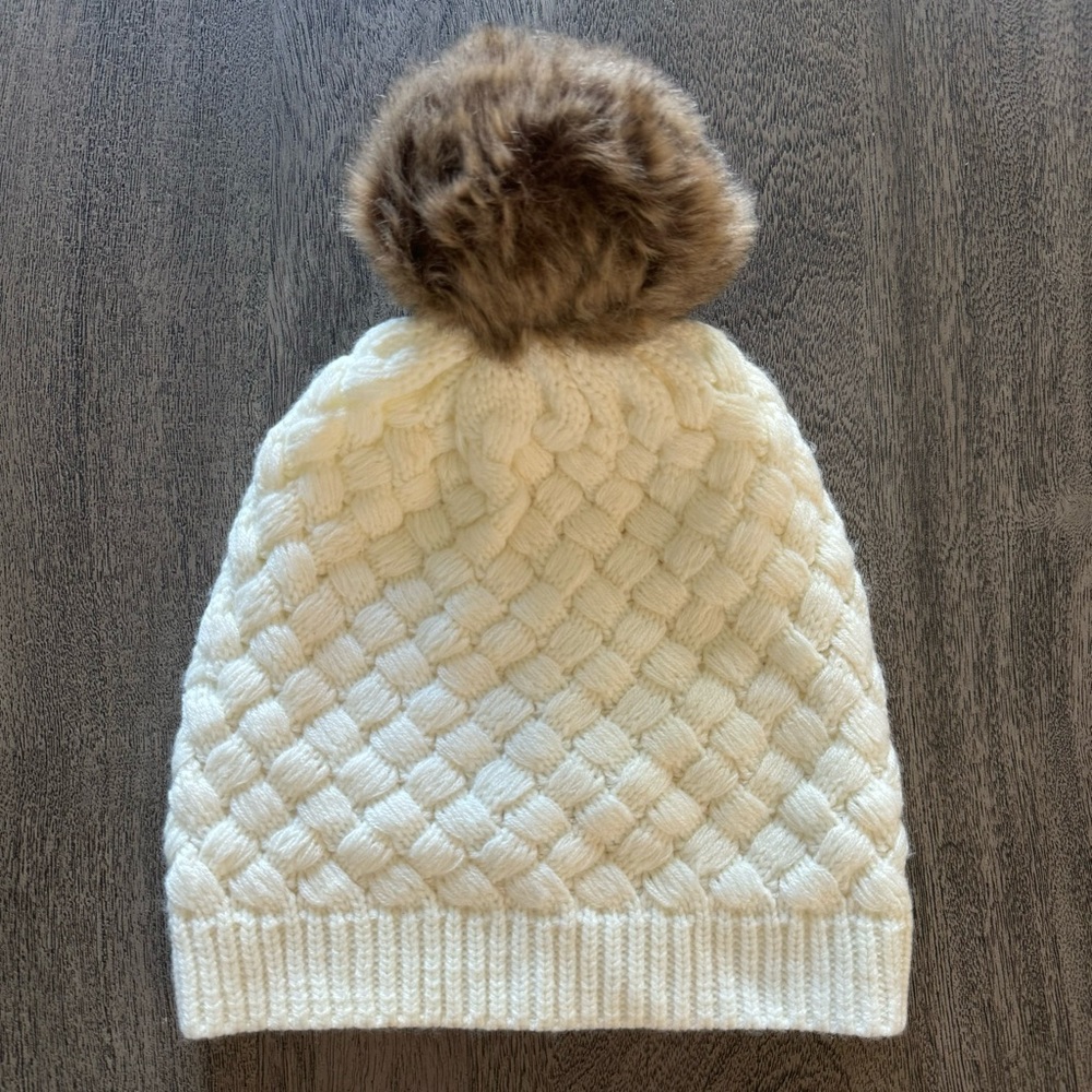 J. Crew Knit Pom-Pom Beanie Hat (Ivory, OSFA, New Without Tags)